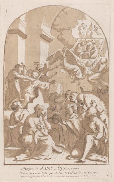 Het martelaarschap van Sint Angelo die in de linkerbovenhoek wordt neergestoken, bekeken door verschrikte..., 1729-64 door Anne Claude Philippe de Caylus
