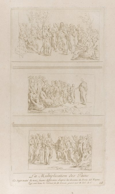 Drie afzonderlijke studies voor de wonderen van de broden, met Christus staand in d..., ca. 1729-40 door Anne Claude Philippe de Caylus