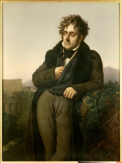 Portret van Francois Rene, Burggraaf van Chateaubriand (1768-1848) mediterend op de ruïnes van Rome voor een uitzicht op het Colosseum door Anne Louis Girodet de Roucy Trioson