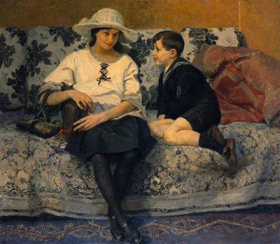 Een Jong Meisje en een Jonge Jongen op een Bank door Anne Marie Henriette Brejat