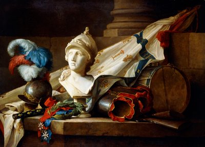 Een buste van Minerva met wapenrusting en wapens op een stenen richel, 1777 door Anne Vallayer Coster