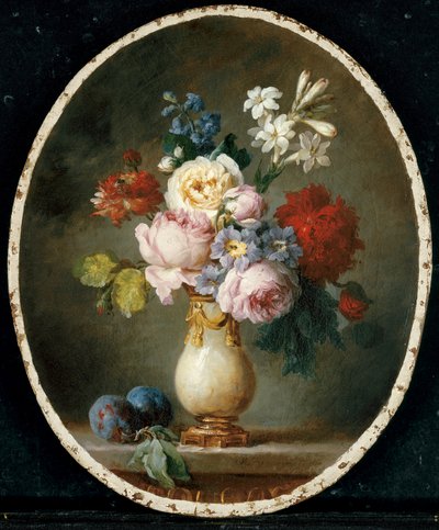 Een vaas met bloemen en twee pruimen op een marmeren tafelblad, 1781 door Anne Vallayer Coster