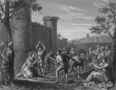 De steniging van St. Stefanus (gravure) door Annibale (after) Carracci