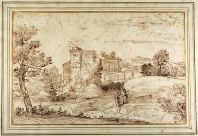 Landschap met een kasteel en de ruïnes van een klassieke portiek door Annibale (follower of) Carracci