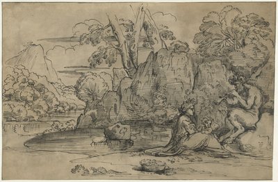 Landschap met een fluitspelende sater, vrouw en putto door Annibale Carracci (attributed to)