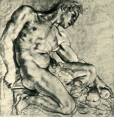 Een zittende Ignudo met een krans door Annibale Carracci