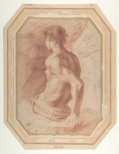 Achteraanzicht van een zittende naakte jongeman naar links gericht door Annibale Carracci