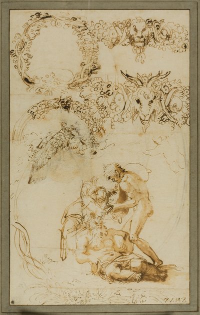 Dronken Silenus en decoratieve schetsen: Studies voor de Tazza Farnese (recto); Twee vechtende Putti: Studie voor de Galleria Farnese (verso) door Annibale Carracci