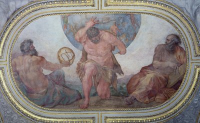 Hercules ondersteunt de wereld geflankeerd door Euclides en Ptolemaeus, uit de 