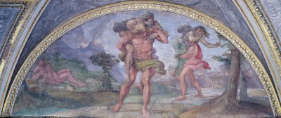 Lunet met Aeneas die vlucht uit het brandende Troje met zijn vader Anchises gevolgd door Ascanius met zijn moeder door Annibale Carracci