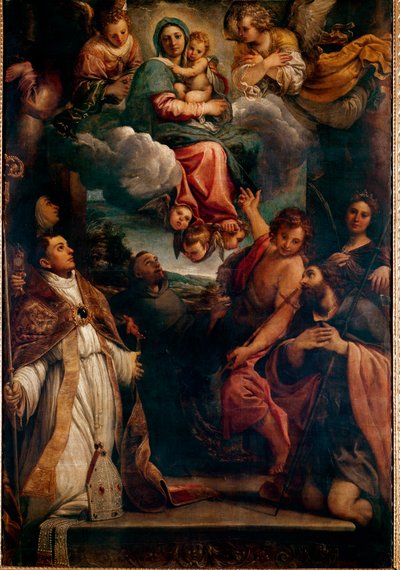 Madonna in glorie met het kind en zes heiligen Madonna van Sint Ludovic. Schilderij door Annibale Carracci door Annibale Carracci