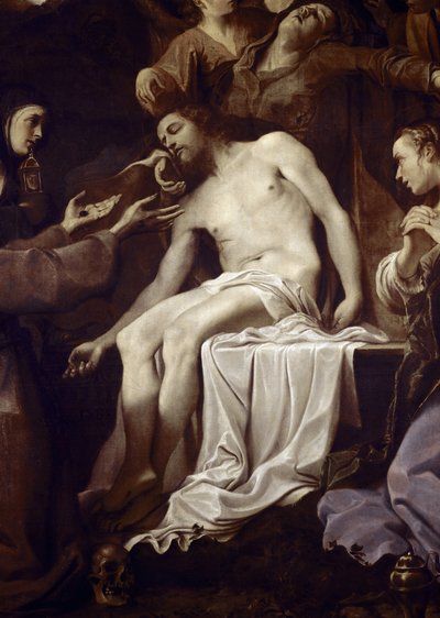 Pieta met St. Claire, St. Franciscus, St. Maria Magdalena en St. Johannes, detail van Jezus door Annibale Carracci