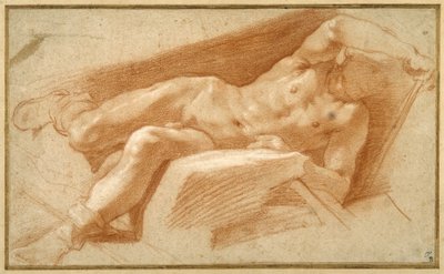 Liggende jongeman naakt geposeerd, behalve zijn kousen die tot zijn enkels zijn neergelaten door Annibale Carracci