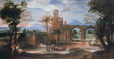 Rivierlandschap met kasteel en brug, ca. 1598 door Annibale Carracci