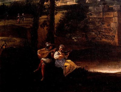Romeins landschap met een brug (detail) door Annibale Carracci