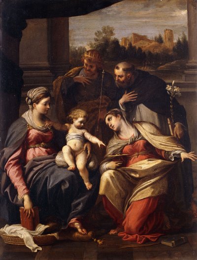 De Madonna en Kind met de heiligen Lucia, Dominicus en Lodewijk van Frankrijk, een landschap met een stad door een raam door Annibale Carracci