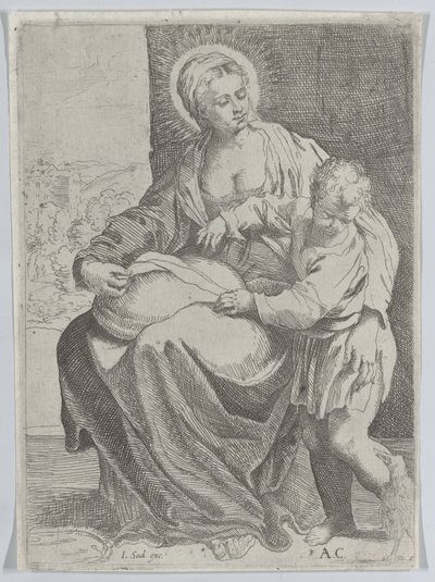 De Maagd zittend met een kussen op haar schoot en de jonge Christus staand rechts door Annibale Carracci