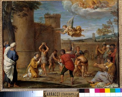 De steniging van St. Stefanus: St. Stefanus (Stephane), was de eerste christelijke martelaar die in 36 na Chr. door steniging stierf. Schilderij door Annibale Carracci (1560-1609). 16e eeuw. Parijs door Annibale Carracci
