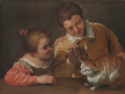Twee kinderen plagen een kat door Annibale Carracci