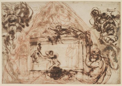 Ontwerp voor de decoratie van een gewelfkap. Voor Galleria Farnese, Palazzo Farnese in Rome. Ook ontwerp voor twee mascheroni door Annibale Carracci