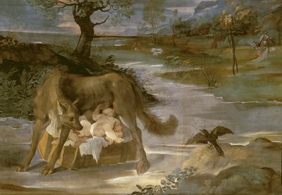 De wolvin die Romulus en Remus zoogt, uit de geschiedenis van Romulus cyclus, c.1590 door Annibale Copy Carracci