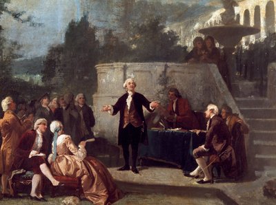 De Italiaanse toneelschrijver Carlo Goldoni (1707-1793) draagt een sonnet voor aan de leden van de Colonia Alfea in de Scotto-tuin van Pisa. Schilderij door Annibale Gatti (1828 - 1909) door Annibale Gatti