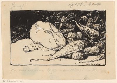 Konijn knagend aan een wortel door Anny Leusink (signed by artist)