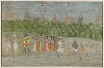 Aan de oever van de Yamuna te Brindaban danst Krishna met de Gopis door Anonymous