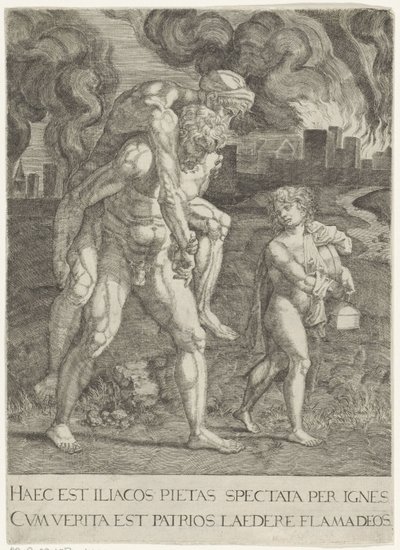 Aeneas vlucht met zijn familie uit Troje door Anonymous