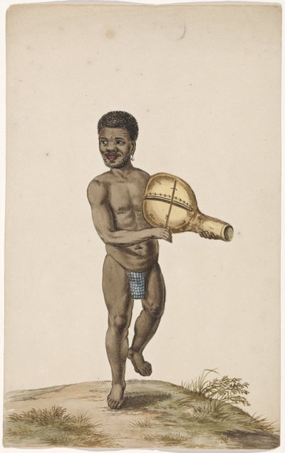Afrikaanse musicerende man met kalebasinstrument door Anonymous