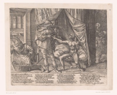 Allegorie met een man die een vrouw een kuisheidsgordel om doet door Anonymous