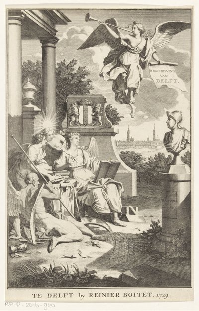 Allegorie op Delft (Titelpagina voor: S.n., Beschryving der stadt Delft, 1729) door Anonymous