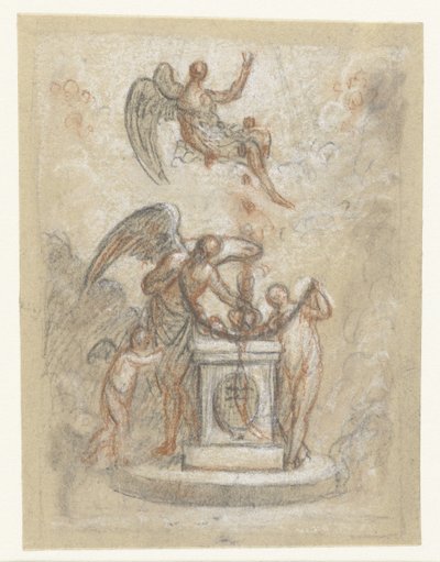 Allegorische voorstelling met de Tijd en andere figuren rond monument of altaar door Anonymous