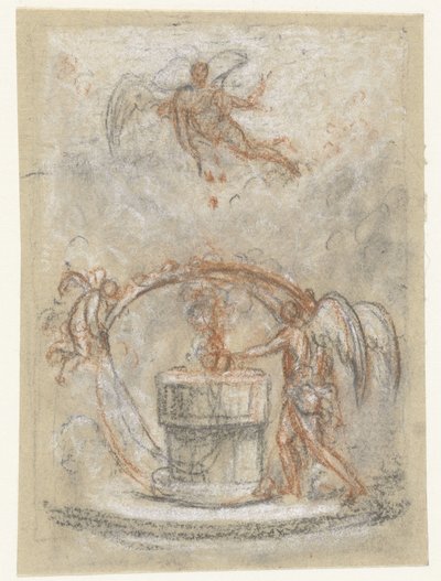 Allegorische voorstelling met figuren rond monument of altaar door Anonymous