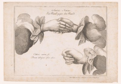 Allegorische voorstelling met groetende handen en een hand die een obsceen gebaar maakt door Anonymous