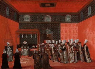 Een ambassadeurspubliek bij Sultan Ahmed III (Ambassadeur Cornelis Calkoen) door Anonymous