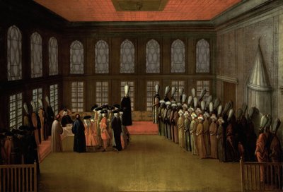 Een ambassadeur bij de grootvizier in zijn yali aan de Bosporus (Ambassadeur Cornelis Calkoen, 12 augustus 1727) door Anonymous