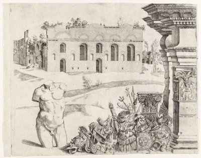 Architectuurcapriccio met spolia, een mannelijke torso en een gezicht op de Thermen van Diocletianus door Anonymous