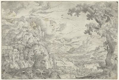 Berglandschap met geknotte boom door Anonymous