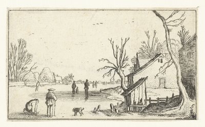 Boerderij bij bevroren rivier met schaatsers op het ijs (Kleine landschappen) door Anonymous