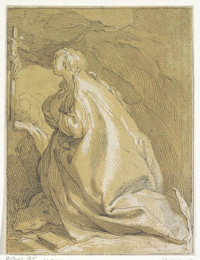 Boetvaardige Maria Magdalena in de grot geknield voor een crucifix door Anonymous