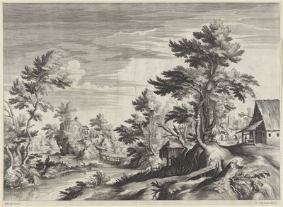 Boomrijk rivierlandschap met enkele gebouwen door Anonymous