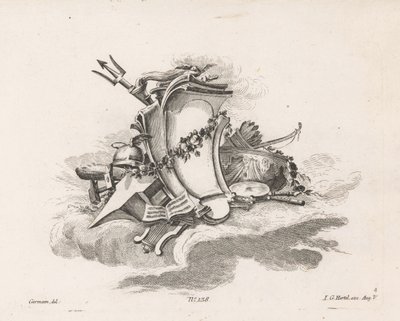 Cartouche met godenattributen door Anonymous