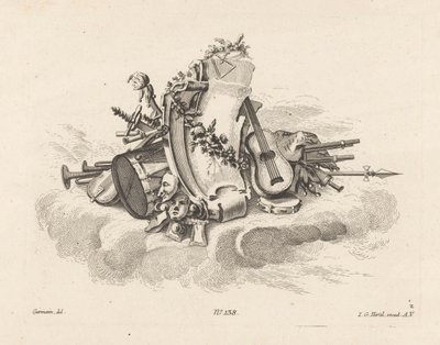 Cartouche met muziekinstrumenten door Anonymous