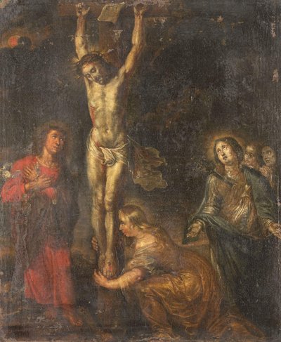 Christus aan het kruis, met de Moeder van Smarten en de heiligen Johannes de Evangelist en Maria Magdalena door Anonymous