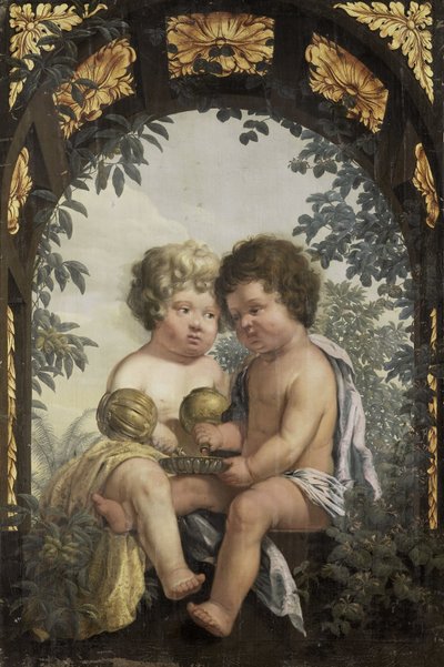 Christelijke Allegorie met twee Kinderen die beiden uit een Karaf in een Kom gieten door Anonymous