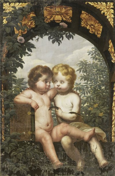 Christelijke allegorie met twee kinderen met een bijbel en een slang door Anonymous