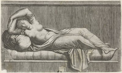 Cleopatra halfnaakt liggend op bed door Anonymous