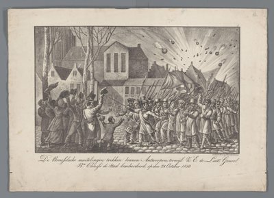 De Brusselsche muitelingen trekken binnen Antwerpen, terwijl Z.E. de Luit Generl. Bn. Chassé de stad bombardeerd, op den 28 October 1830 door Anonymous