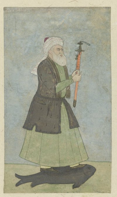 De Heilige Khwaja Khadir met een zwaard in zijn hand, staande op een vis door Anonymous